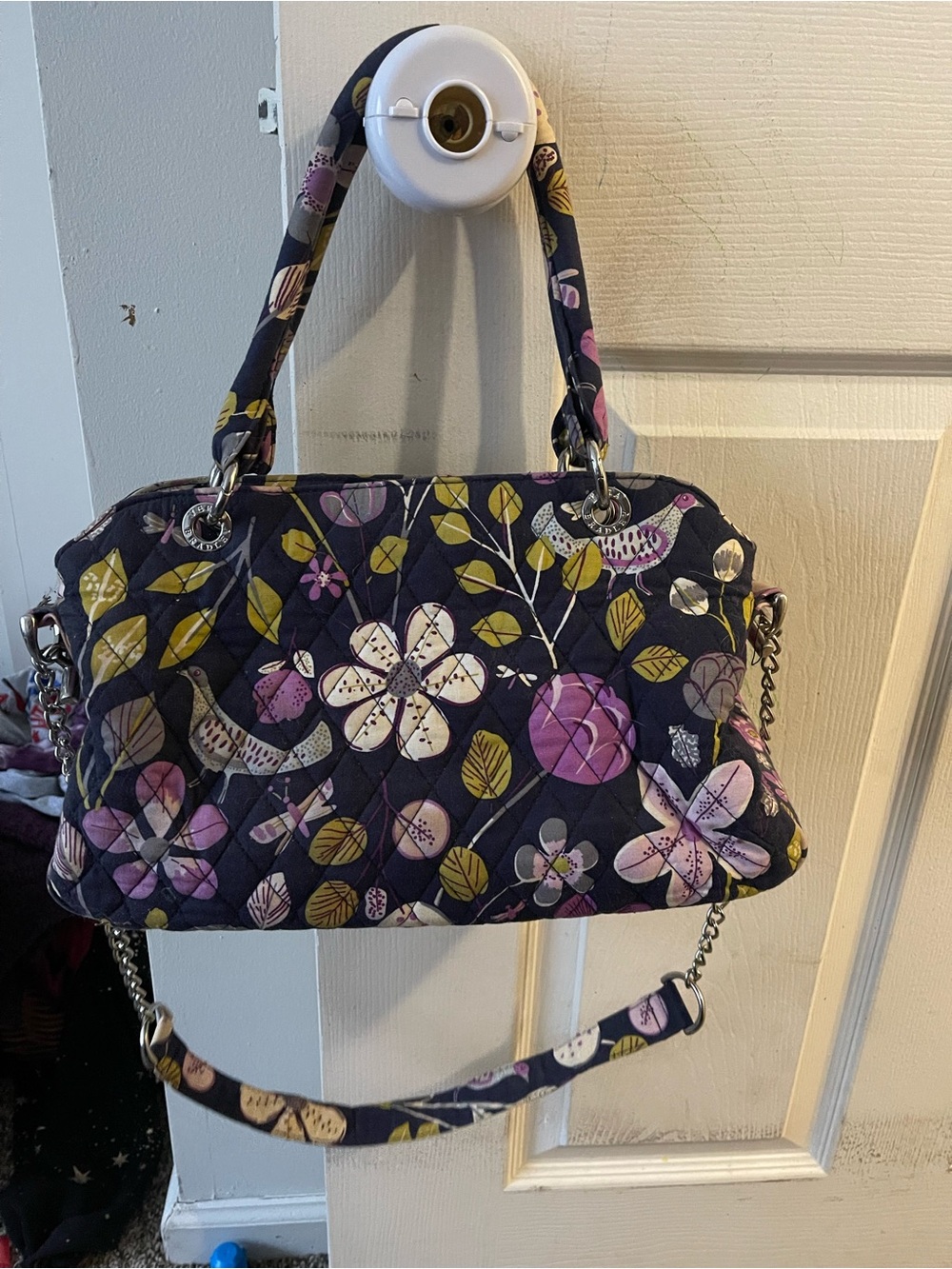 Vera Bradley Quilted Floral Satchel Bag - Navy with Purple & Green Floral